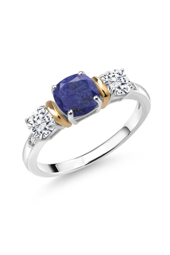 925 Silver and 10K Yellow Gold 3-Stone Diamond Ring Cushion Blue Lapis and Moissanite (1.66 Cttw, Size 5)