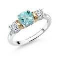 thumbnail image 1 of Gem Stone King 925 Silver and 10K Yellow Gold 3-Stone Diamond Ring Cushion Checkerboard Sky Blue Topaz and Moissanite (1.76 Cttw, Size 9), 1 of 3