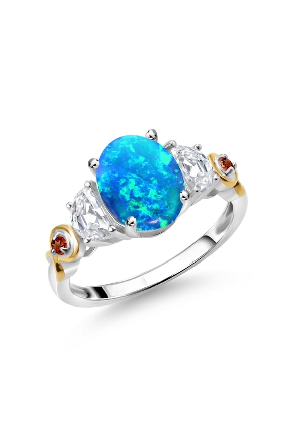 925 Silver and 10K Yellow Gold 3-Stone Ring Oval Cabochon Blue Simulated Opal and Moissanite (1.09 Cttw, Size 5)