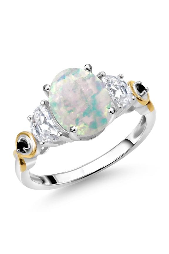1.51 Cttw Oval Cabochon White Simulated Opal and White Moissanite 3-Stone Ring for Women | 925 Silver and 10K Yellow Gold | Wedding Engagement Anniversary Promise Ring | Size 8
