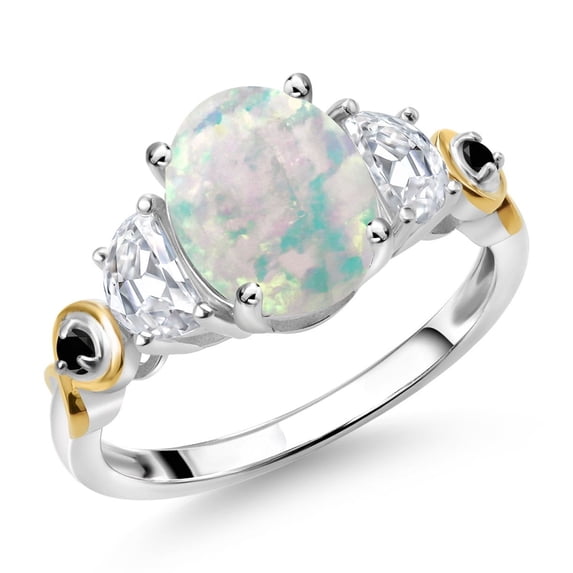 Gem Stone King 1.51 Cttw Oval Cabochon White Simulated Opal and White Moissanite 3-Stone Ring for Women | 925 Silver and 10K Yellow Gold | Wedding Engagement Anniversary Promise Ring | Size 6