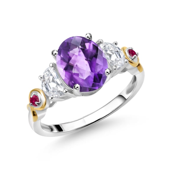 Gem Stone King 925 Silver and 10K Yellow Gold 3-Stone Ring Oval Checkerboard Purple Amethyst and Moissanite (2.00 Cttw, Size 5)