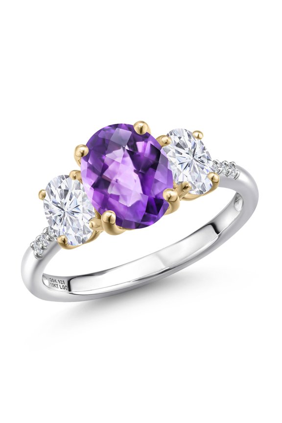 925 Silver and 10K Yellow Gold Purple Amethyst and White Moissanite and Lab Grown Diamond Engagement Ring for Women | 2.56 Cttw | Oval Checkerboard 9X7MM | February Birthstone | Size 8