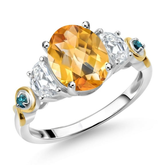 Gem Stone King 925 Silver and 10K Yellow Gold 3-Stone Ring Oval Checkerboard Yellow Citrine and Moissanite (2.16 Cttw, Size 9)