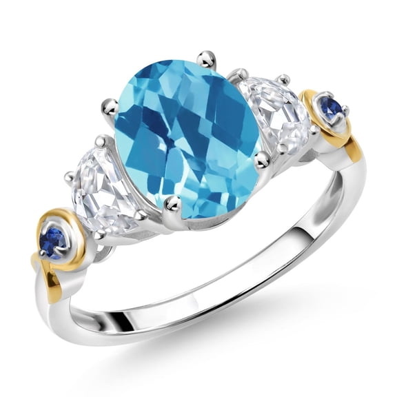 Gem Stone King 925 Silver and 10K Yellow Gold 3-Stone Ring Oval Checkerboard Swiss Blue Topaz and Moissanite (2.75 Cttw, Size 6)