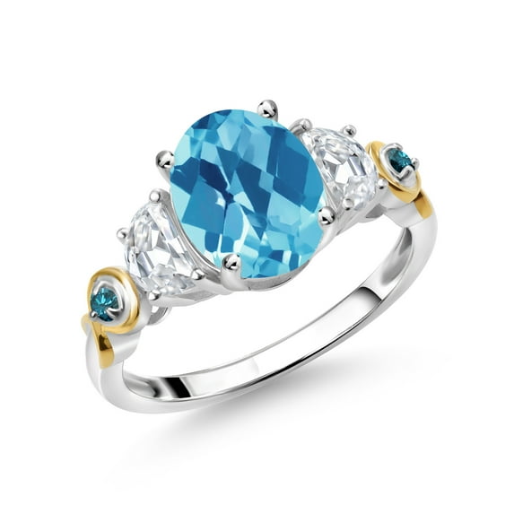 Gem Stone King 925 Silver and 10K Yellow Gold 3-Stone Ring Oval Checkerboard Swiss Blue Topaz and Moissanite (2.76 Cttw, Size 5)