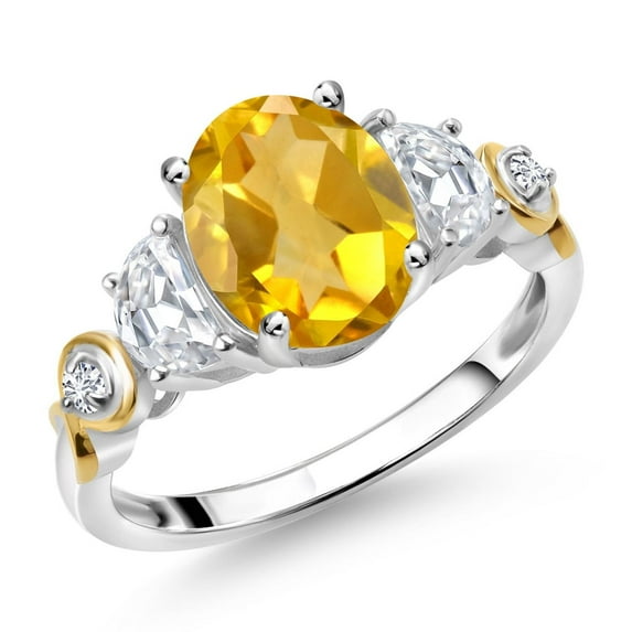 Gem Stone King 925 Silver and 10K Yellow Gold 3-Stone Ring Citrine Moissanite (2.00 Cttw)