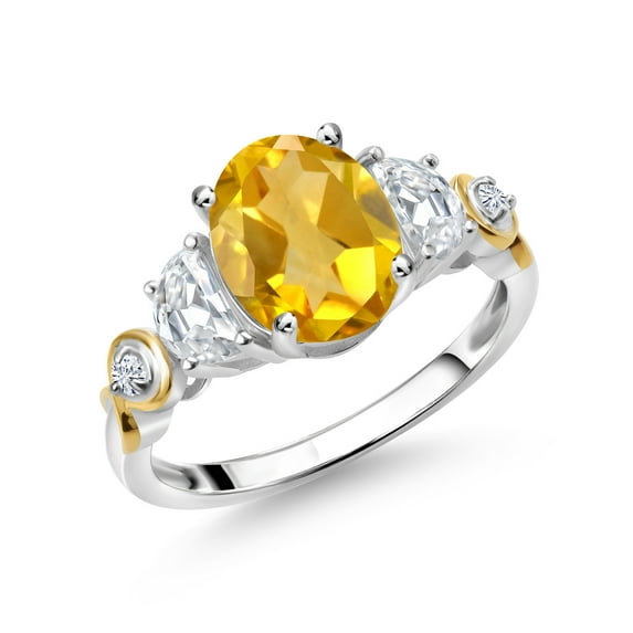 Gem Stone King 925 Silver and 10K Yellow Gold 3-Stone Ring Oval Yellow Citrine and Moissanite (2.00 Cttw, Size 9)