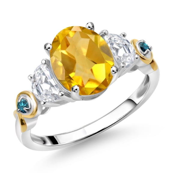 Gem Stone King 925 Silver and 10K Yellow Gold 3-Stone Ring Oval Yellow Citrine and Moissanite (2.01 Cttw, Size 6)