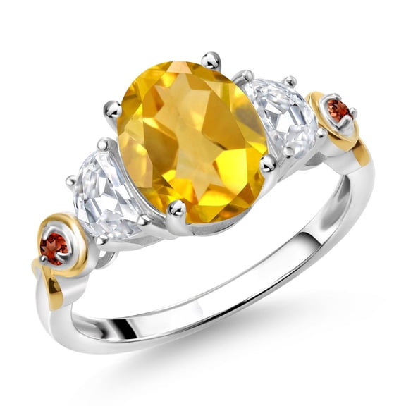 Gem Stone King 925 Silver and 10K Yellow Gold 3-Stone Ring Oval Yellow Citrine and Moissanite (2.03 Cttw, Size 9)