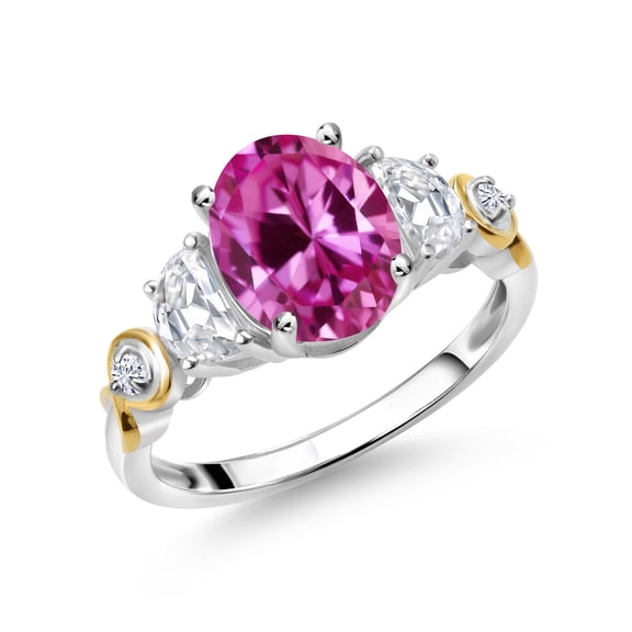 Gem Stone King 925 Silver and 10K Yellow Gold 3-Stone Ring Oval Pink Created Sapphire and Moissanite (1.50 Cttw, Size 7)