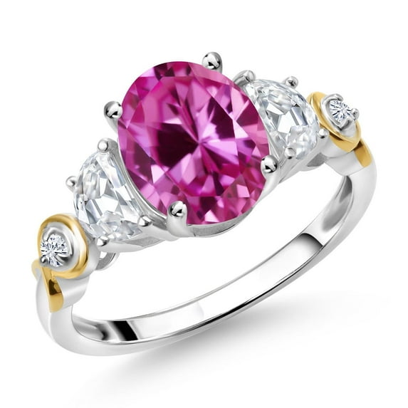 Gem Stone King 925 Silver and 10K Yellow Gold 3-Stone Ring Oval Pink Created Sapphire and Moissanite (1.50 Cttw, Size 9)