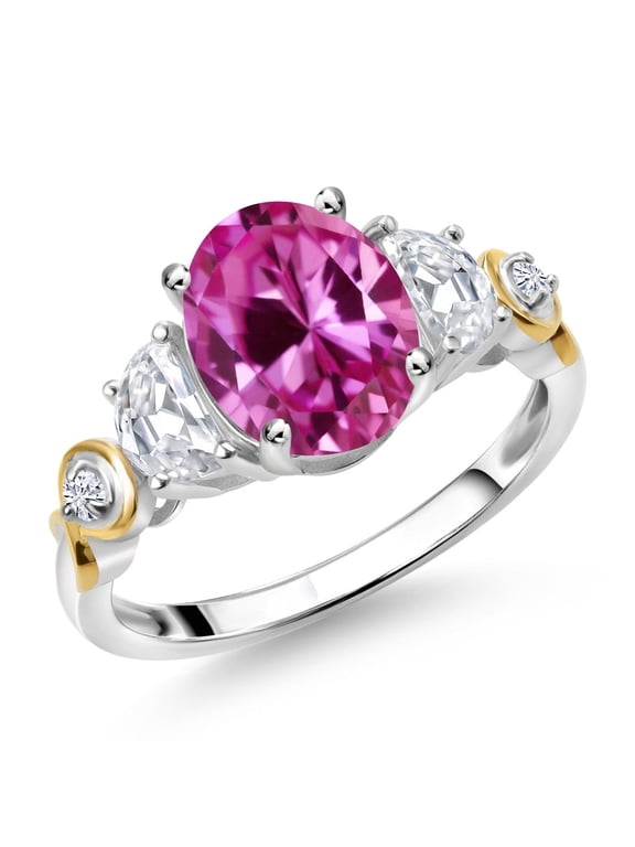 925 Silver and 10K Yellow Gold 3-Stone Ring Oval Pink Created Sapphire and Moissanite (1.50 Cttw, Size 7)
