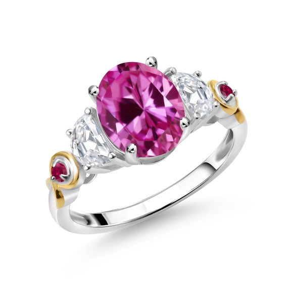 Gem Stone King 925 Silver and 10K Yellow Gold 3-Stone Ring Oval Pink Created Sapphire and Moissanite (1.50 Cttw, Size 5)