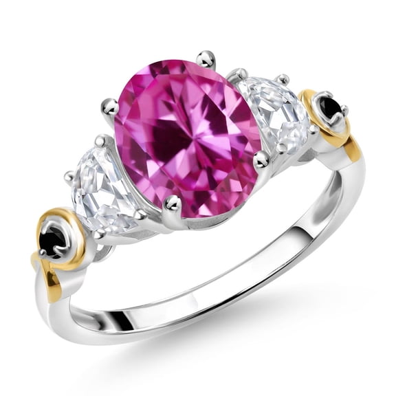 Gem Stone King 925 Silver and 10K Yellow Gold 3-Stone Ring Oval Pink Created Sapphire and Moissanite (1.51 Cttw, Size 5)