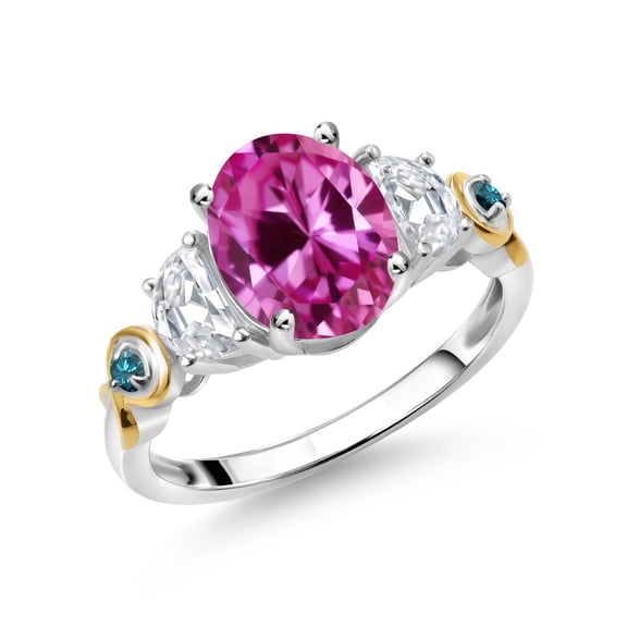 Gem Stone King 925 Silver and 10K Yellow Gold 3-Stone Ring Oval Pink Created Sapphire and Moissanite (1.51 Cttw, Size 8)
