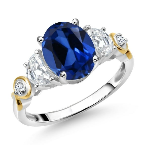 Gem Stone King 925 Silver and 10K Yellow Gold 3-Stone Ring Oval Blue Created Sapphire and Moissanite (2.80 Cttw, Size 8)