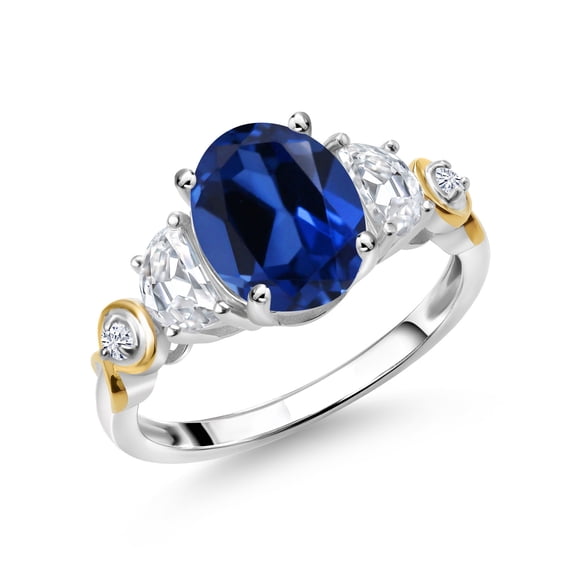 Gem Stone King 925 Silver and 10K Yellow Gold 3-Stone Ring Oval Blue Created Sapphire and Moissanite (2.80 Cttw, Size 5)