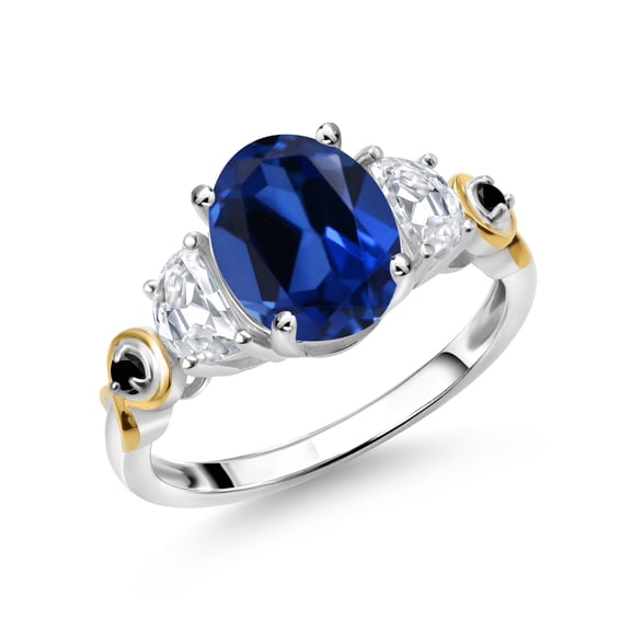 Gem Stone King 925 Silver and 10K Yellow Gold 3-Stone Ring Oval Blue Created Sapphire and Moissanite (2.81 Cttw, Size 6)