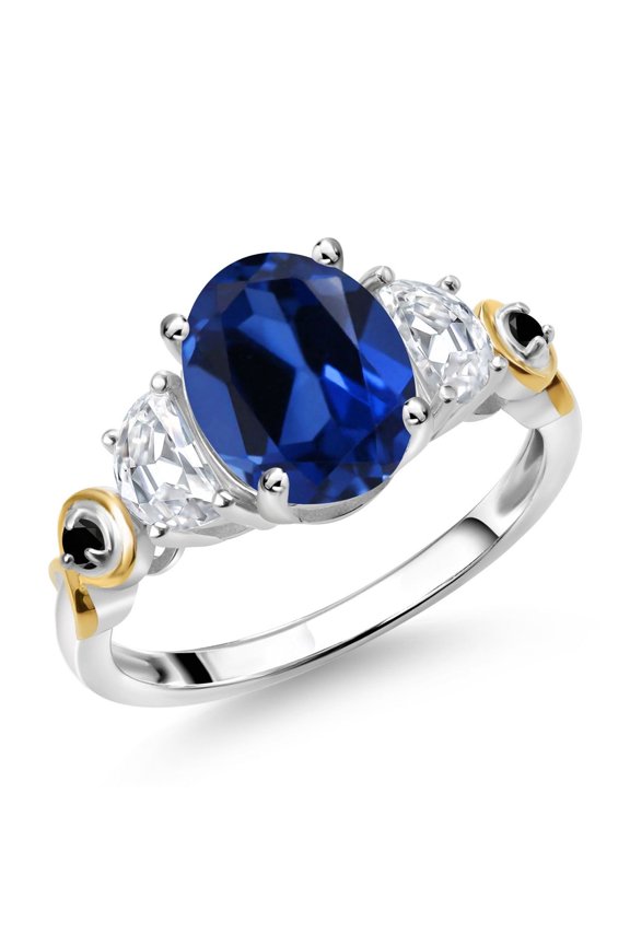 925 Silver and 10K Yellow Gold 3-Stone Ring Oval Blue Created Sapphire and Moissanite (2.81 Cttw, Size 9)