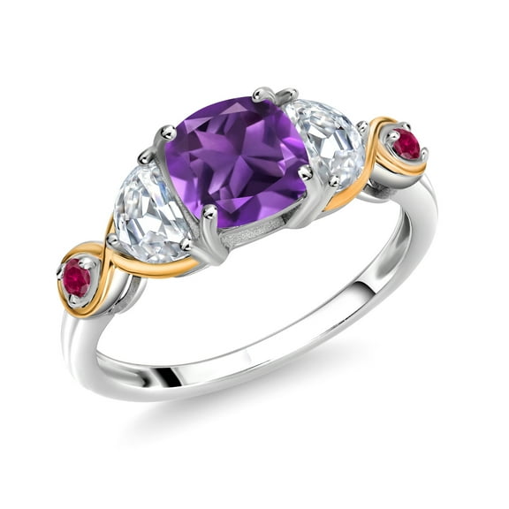 Gem Stone King 925 Silver and 10K Yellow Gold 3-Stone Ring Cushion Amethyst Half Moon Moissanite (1.63 Carat Cttw) (Size 8)
