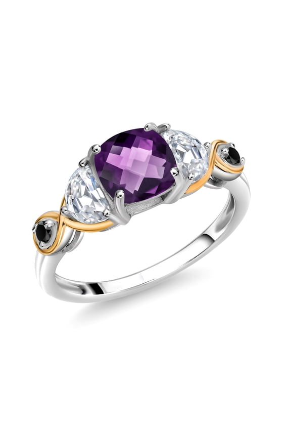 925 Silver and 10K Yellow Gold 3-Stone Ring Cushion Amethyst Half Moon Moissanite and Black Diamond (1.37 Carat Cttw) (Size 8)