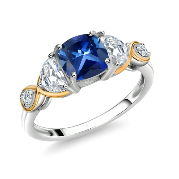 Gem Stone King 925 Silver and 10K Yellow Gold 3-Stone Ring Cushion Created Sapphire Half Moon Moissanite (1.66 Carat Cttw) (Size 6)