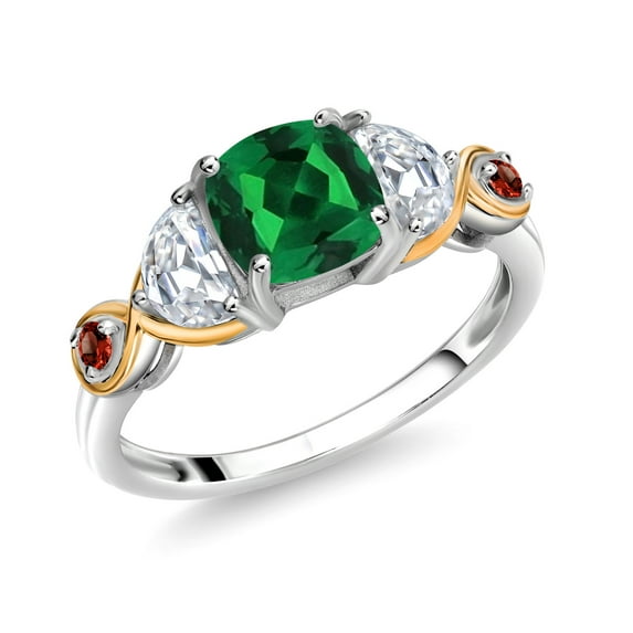 Gem Stone King 925 Silver and 10K Yellow Gold 3-Stone Ring Cushion Nano Emerald Half Moon Moissanite (1.69 Carat Cttw) (Size 9)