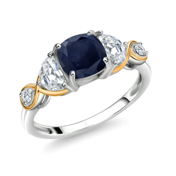 Gem Stone King 925 Silver and 10K Yellow Gold 3-Stone Ring Cushion Sapphire Half Moon Moissanite (1.96 Carat Cttw) (Size 9)