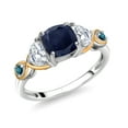thumbnail image 1 of Gem Stone King 925 Silver and 10K Yellow Gold 3-Stone Ring Cushion Sapphire Half Moon Moissanite and Blue Diamond (1.97 Carat Cttw) (Size 8), 1 of 4