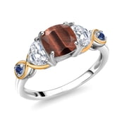 Gem Stone King 925 Silver and 10K Yellow Gold 3-Stone Ring Cushion Tiger Eye Half Moon Moissanite 1.66 Carat Cttw Size 5