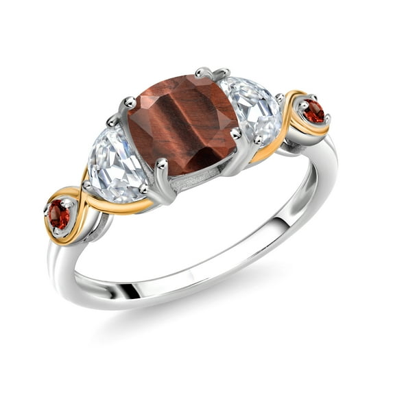 Gem Stone King 925 Silver and 10K Yellow Gold 3-Stone Ring Cushion Tiger Eye Half Moon Moissanite (1.69 Carat Cttw) (Size 9)