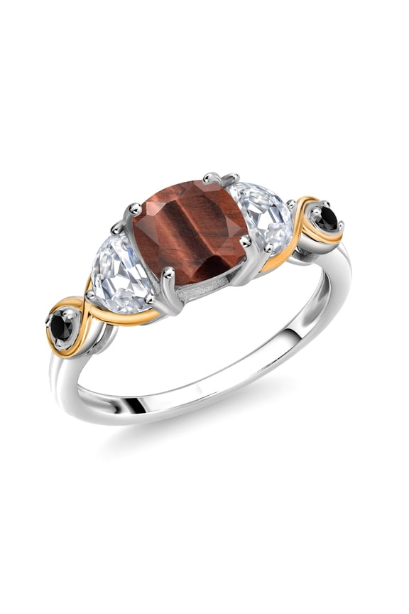 925 Silver and 10K Yellow Gold 3-Stone Ring Cushion Tiger Eye Half Moon Moissanite and Black Diamond (1.67 Carat Cttw) (Size 5)