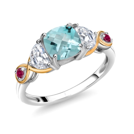 Gem Stone King 925 Silver and 10K Yellow Gold 3-Stone Ring Cushion Topaz Half Moon Moissanite (1.76 Carat Cttw) (Size 8)
