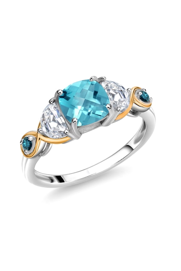 925 Silver and 10K Yellow Gold 3-Stone Ring Cushion Topaz Half Moon Moissanite and Blue Diamond (1.79 Carat Cttw) (Size 5)