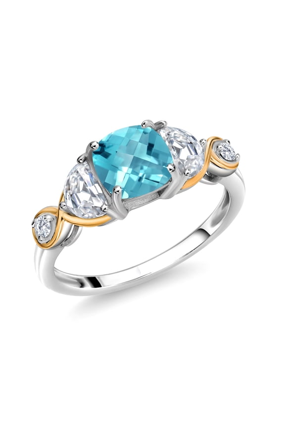 925 Silver and 10K Yellow Gold 3-Stone Ring Cushion Topaz Half Moon Moissanite (1.78 Carat Cttw) (Size 9)