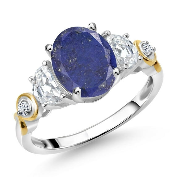 Gem Stone King 925 Silver and 10K Yellow Gold 3-Stone Ring Oval Blue Lapis and Moissanite (2.50 Cttw, Size 6)