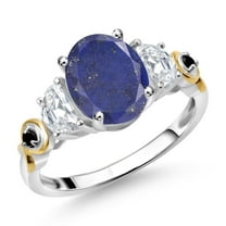 Gem Stone King 925 Silver and 10K Yellow Gold 3-Stone Ring Oval Blue Lapis and Moissanite (2.51 Cttw, Size 6)