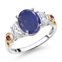 Gem Stone King 925 Silver and 10K Yellow Gold 3-Stone Ring Oval Blue Lapis and Moissanite (2.53 Cttw, Size 5)