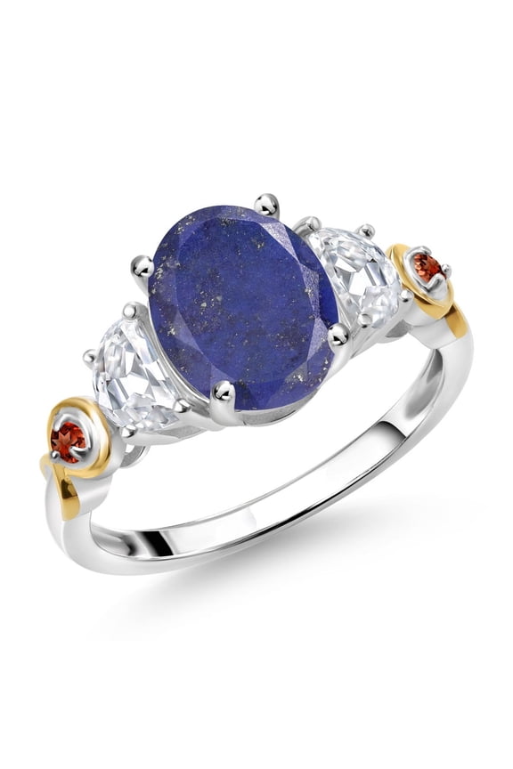 925 Silver and 10K Yellow Gold 3-Stone Ring Oval Blue Lapis and Moissanite (2.53 Cttw, Size 5)