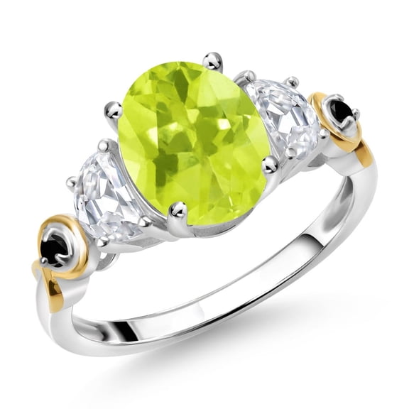 Gem Stone King 925 Silver and 10K Yellow Gold 3-Stone Ring Oval Yellow Lemon Quartz and Moissanite (2.16 Cttw, Size 8)