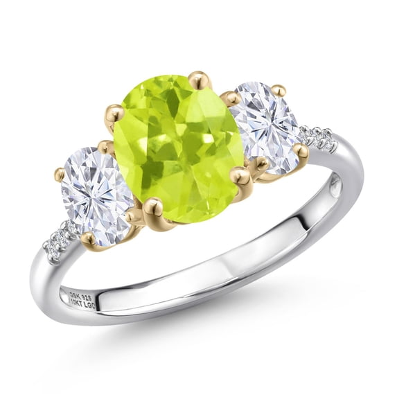 Gem Stone King 925 Silver and 10K Yellow Gold Yellow Lemon Quartz and White Moissanite and Lab Grown Diamond Engagement Ring for Women | 2.71 Cttw | Oval 9X7MM | Birthstone | Size 7