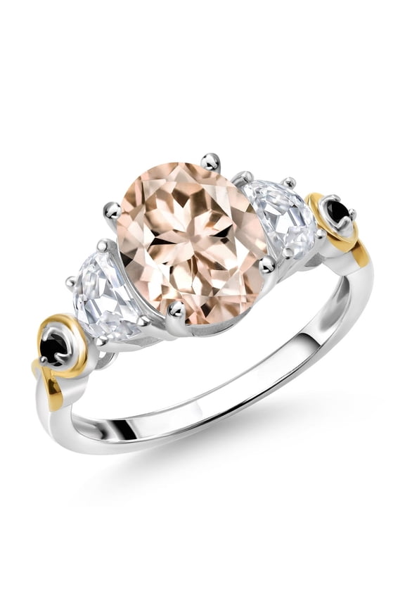 925 Silver and 10K Yellow Gold 3-Stone Ring Oval Peach Morganite and Moissanite (2.11 Cttw, Size 9)