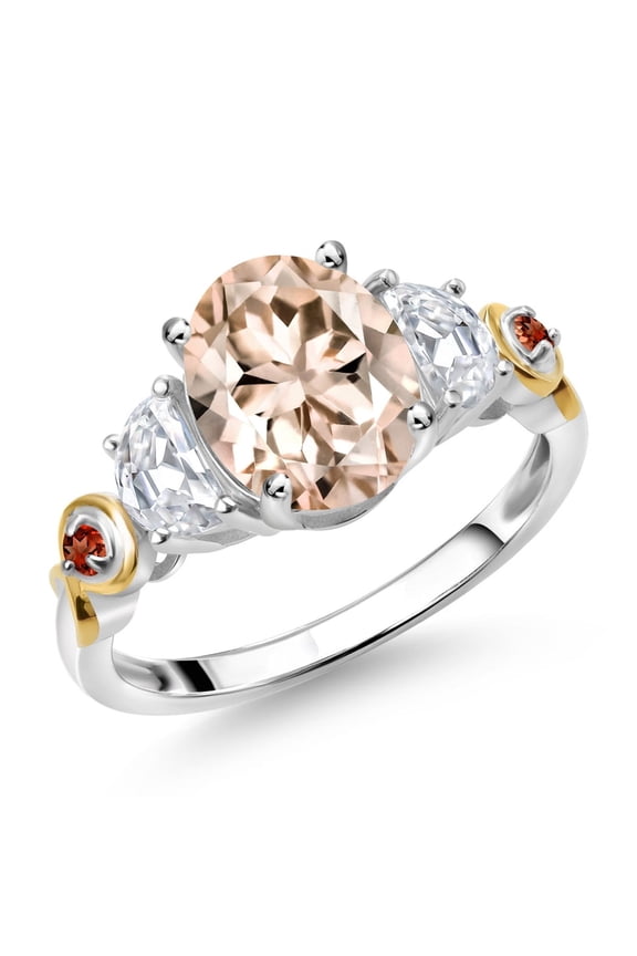 925 Silver and 10K Yellow Gold 3-Stone Ring Oval Peach Morganite and Moissanite (2.13 Cttw, Size 7)