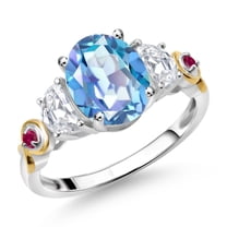 Gem Stone King 925 Silver and 10K Yellow Gold 3-Stone Ring Oval Millennium Blue Mystic Quartz and Moissanite (2.30 Cttw, Size 8)