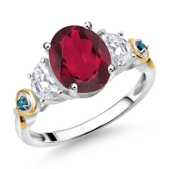 Gem Stone King 925 Silver and 10K Yellow Gold 3-Stone Ring Oval Red Mystic Quartz and Moissanite (2.31 Cttw, Size 5)