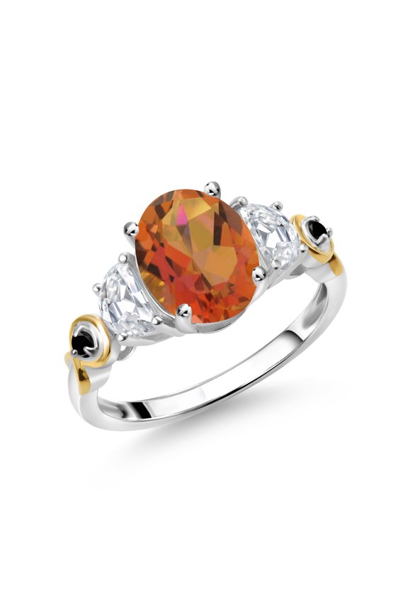 925 Silver and 10K Yellow Gold 3-Stone Ring Oval Twilight Orange Mystic Quartz and Moissanite (2.31 Cttw, Size 5)