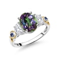 thumbnail image 1 of Gem Stone King 925 Silver and 10K Yellow Gold 3-Stone Ring Oval Green Mystic Topaz and Moissanite (2.80 Cttw, Size 7), 1 of 3