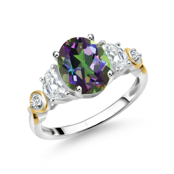 Gem Stone King 925 Silver and 10K Yellow Gold 3-Stone Ring Mystic Topaz Moissanite (2.80 Cttw)