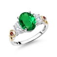 thumbnail image 1 of Gem Stone King 925 Silver and 10K Yellow Gold 3-Stone Ring Oval Green Nano Emerald and Moissanite (2.03 Cttw, Size 8), 1 of 3
